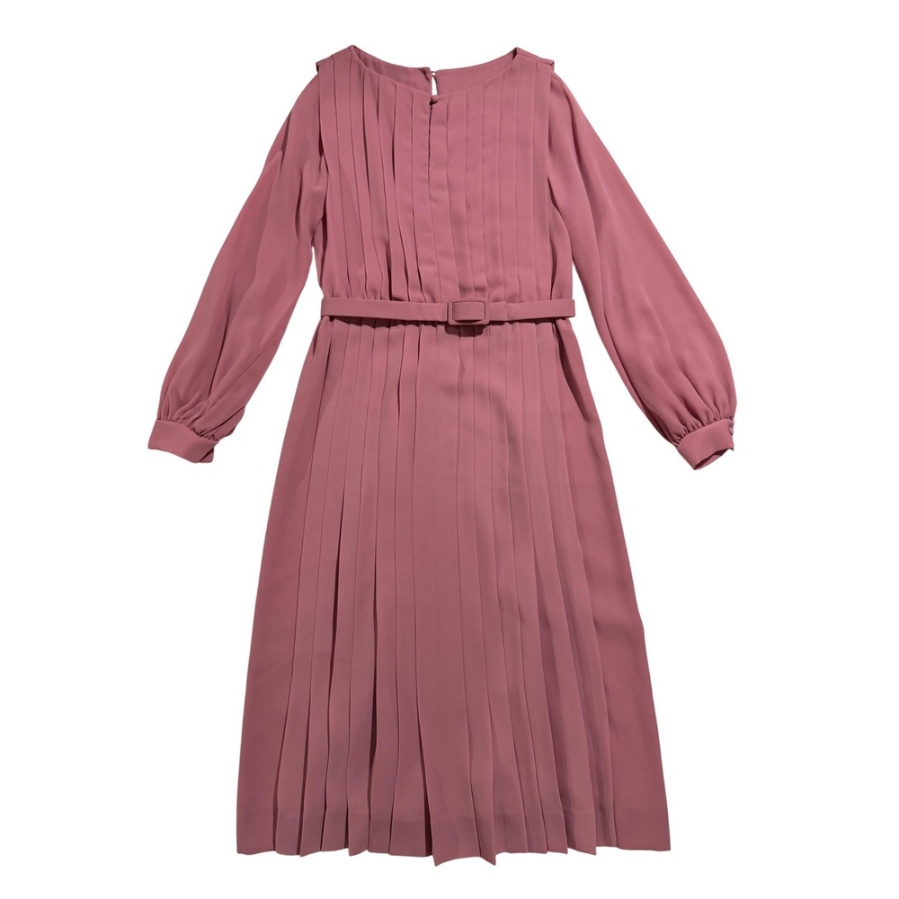 Vintage Jack Bryan Mauve Pink Pleated Midi Dress Belted Long Sleeve Size 6
